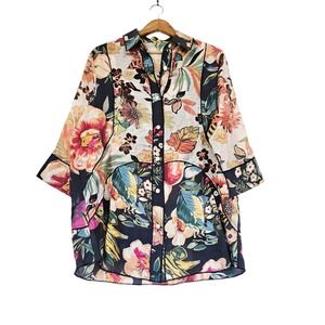 Funsport Floral Tunic Blouse Womens Size XL 3/4 Sleeves Gauze Lightweight Boho